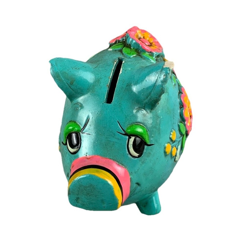 Vintage 1968 Holiday Fair Piggy Bank Turquoise Figurine Retro W/ Groovy Flowers